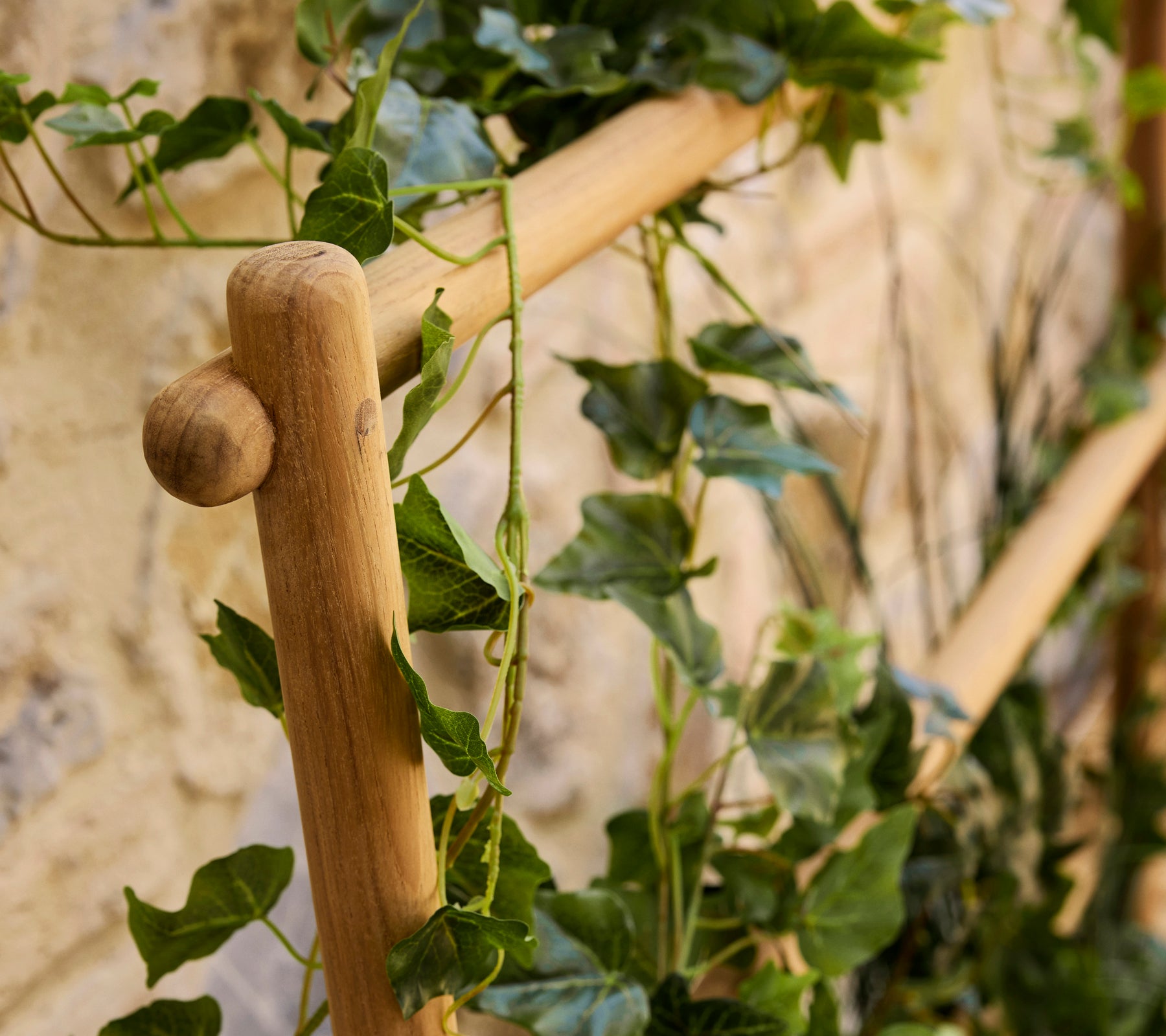 Una maceta de palo de madera con exuberantes vides verdes que caen, añadiendo un toque natural a la exhibición.