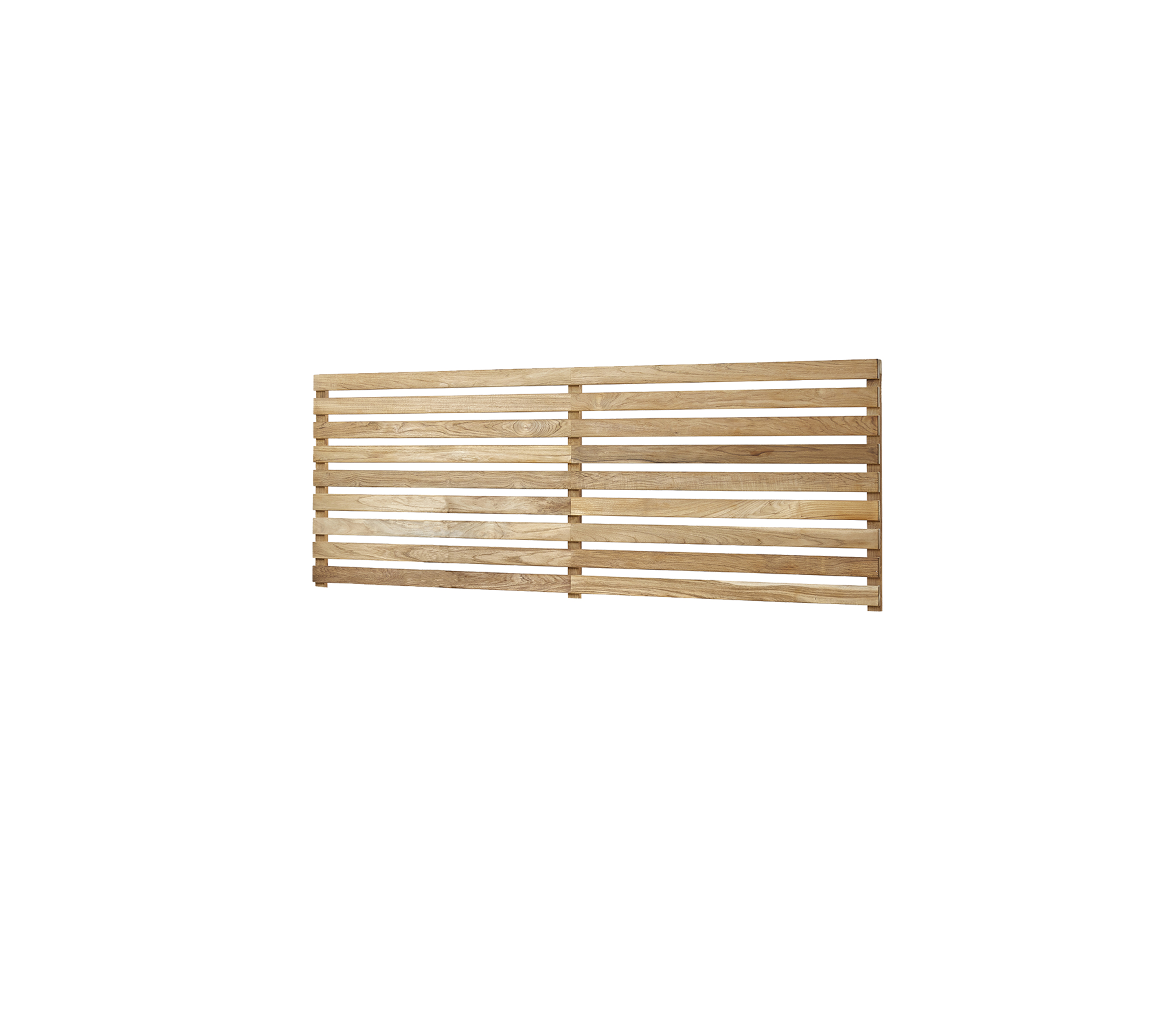 Panel de listones de madera con acabado natural, que presenta listones espaciados uniformemente para ventilación o uso decorativo.