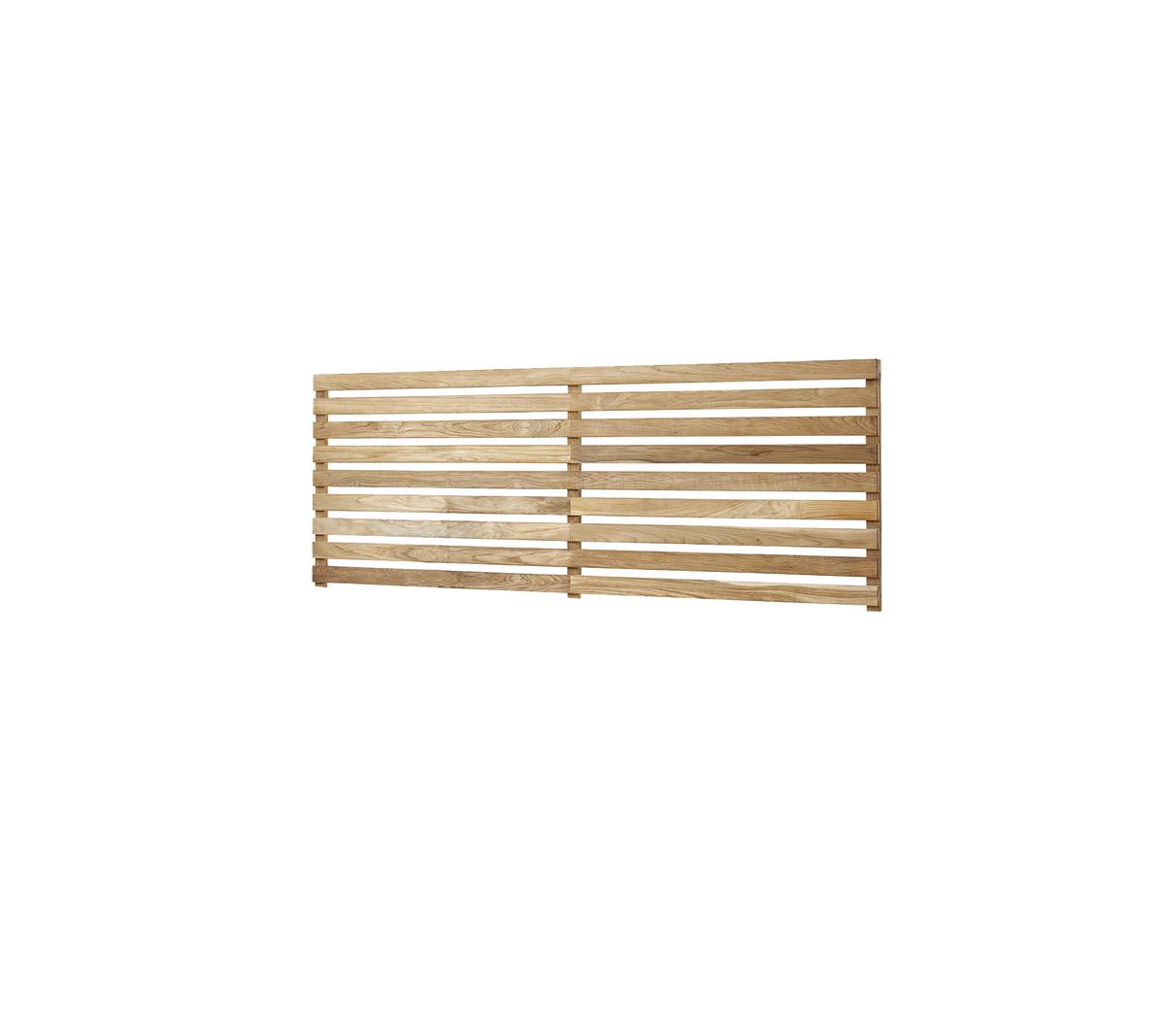 Panel de listones de madera con acabado natural, que presenta listones espaciados uniformemente para ventilación o uso decorativo.